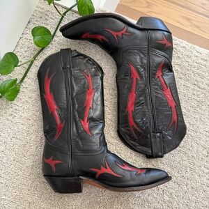 VTG CODE WEST Boots Women 7 Western LEATHER INLAY RODEO RANCH FESTIVAL BLACK RED
